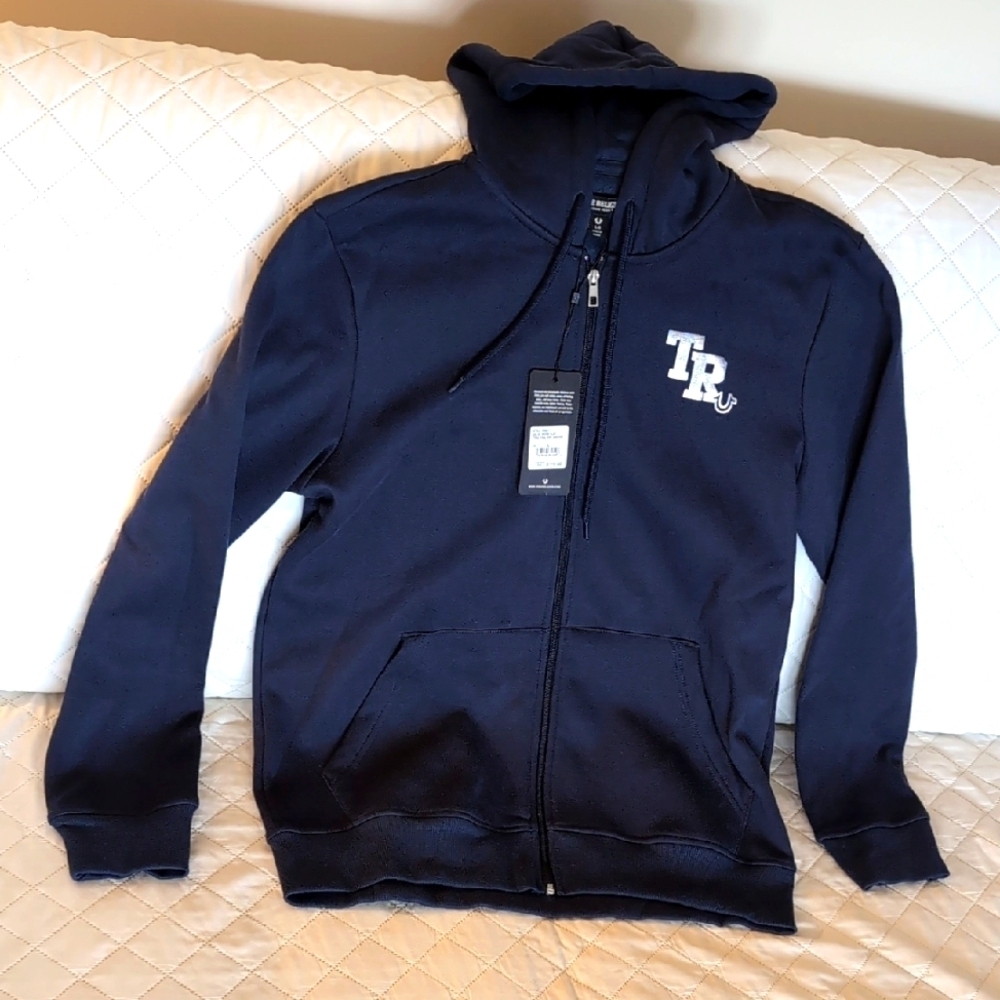 NWT True Religion Blue Large Zip Up Draw String Hoodie